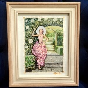 Framed original illustration painting - A lady in pink floral dress